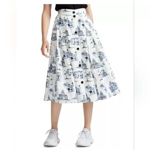 Maje Paris Japomy Printed Midi Skirt Scenic Print Button Down Skirt Size 36 Smal